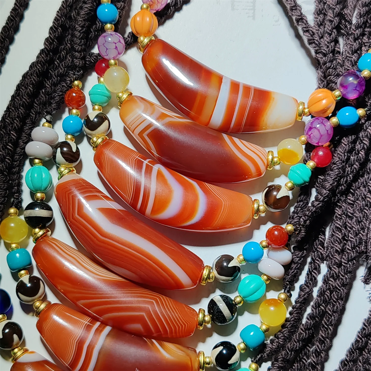 1bag/lot natural red striped agate horn beads necklace Retro ethnic style Unisex Versatile and stylish Designer styles