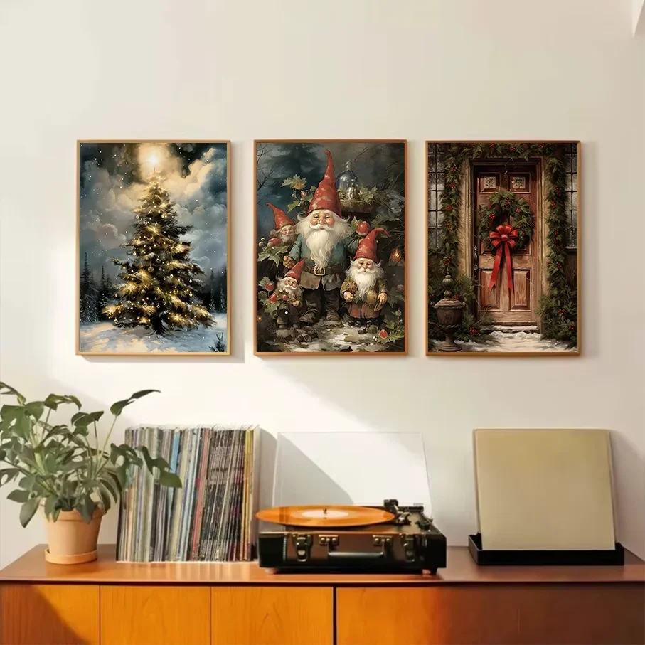 Christmas Canvas Wall Art Snowy Christmas Tree Gnome Door Wreath, Frameless Winter Holiday Living Room Bedroom Home Decor