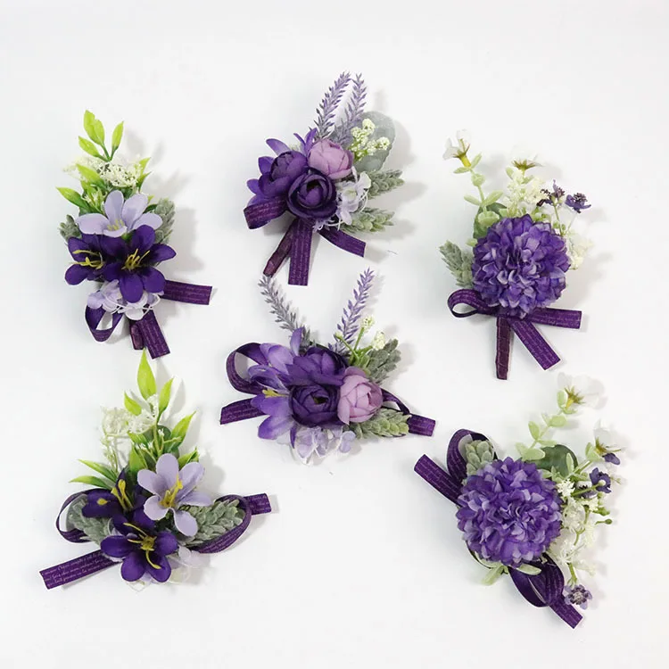 White Purple Men Wrist Corsage Wedding Boutonnieres Bride Wedding Wrist Corsage Bracelet Groom Ceremony Flower Party Decor