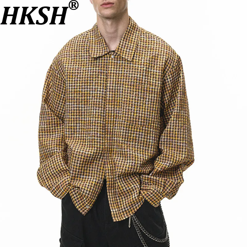 

HKSH Весна Осень Новая мужская газовая клетчатая рубашка Трендовые повседневные свободные топы с длинными рукавами Элегантная мода Винтаж Шикарные Ins HK11775