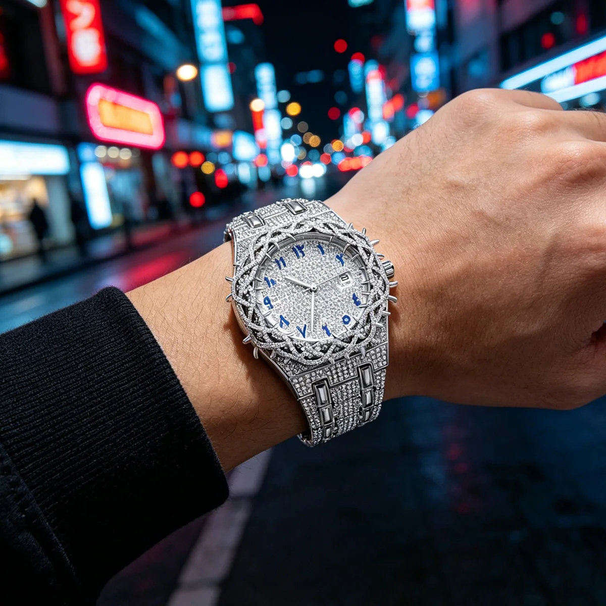 Iced Out Quartz Wrist Watch for Men Thorn Crown Full Diamond Dial Calendar Hip Hop Fashion Male Wristwatch Birthday Gift for Men