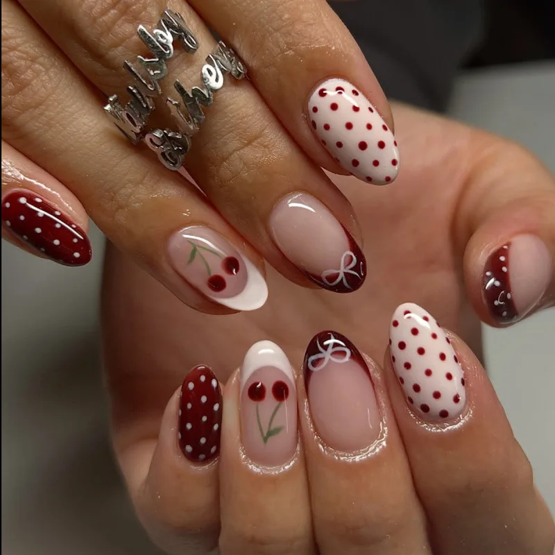 

24PCS French Almond Fake Nails Art Cute Polka Dot Red Cherry False Nails Affordable Artificial Fingernails Reusable for Women