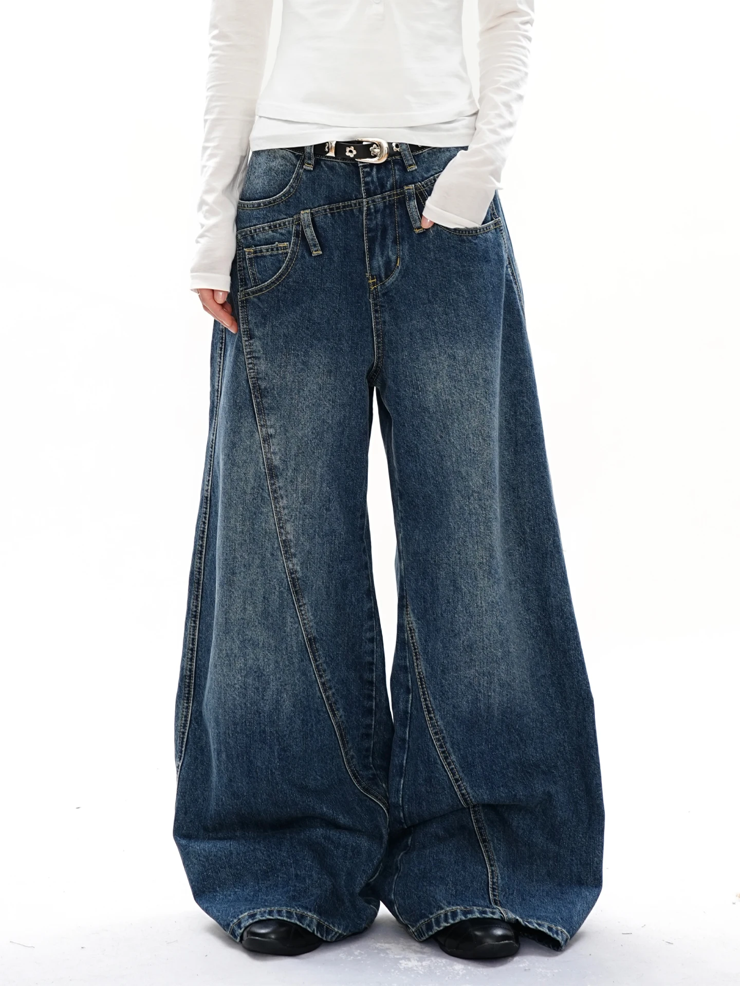 

Джинсы S3T5 с асимметричным двойным поясом, унисекс, в американском уличном стиле, широкие, свободные, повседневные, длинные брюки