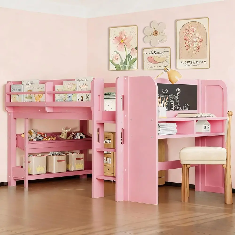

Двуспальная детская кровать для хранения вещей с книжными шкафами, ящиками, столом и доской — массив дерева, подходит для мальчиков или девочек (розовый)