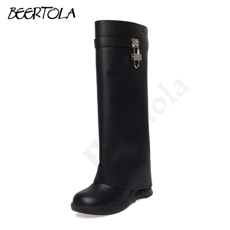 

Women's Height-Enhancing Wedge-Heeled Shark Boots Thick-Soled Lock Buckle Long Boots High-Leg Trousers Fashionable Women's Boots