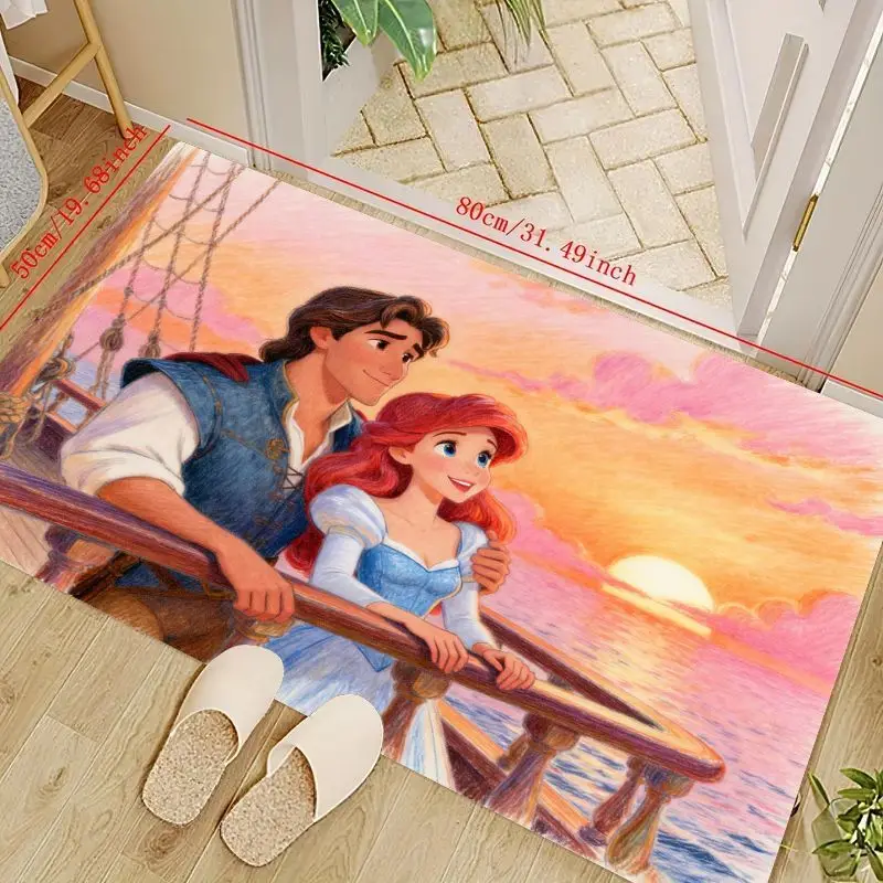

1PC Disney The Little Mermaid Ariel & Prince Eric Floor Mat, Romantic Sunset Ocean View Area Rug, Cartoon Princess Anime Style N