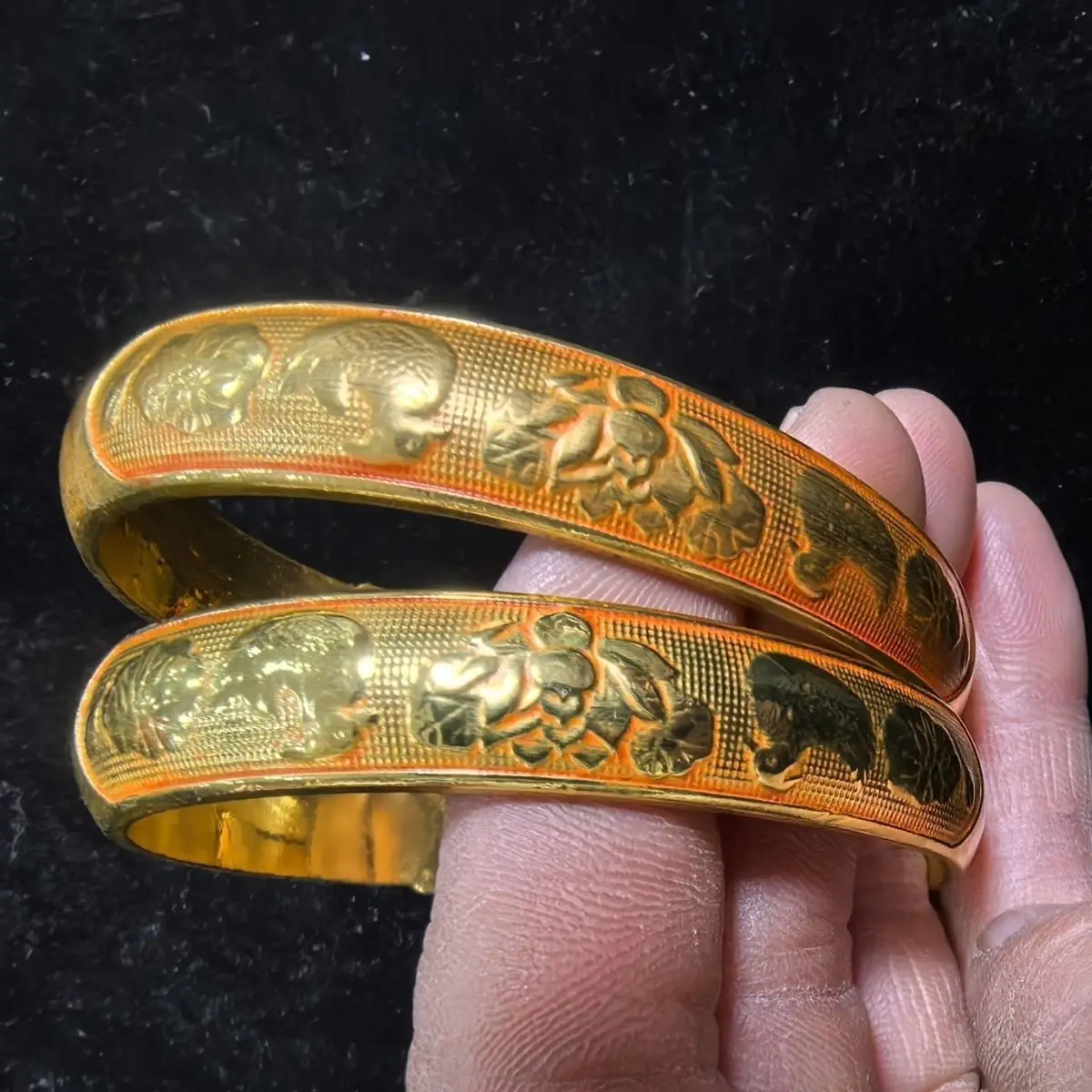 Antique   gilt mandarin duck lotus  open blessing and longevity