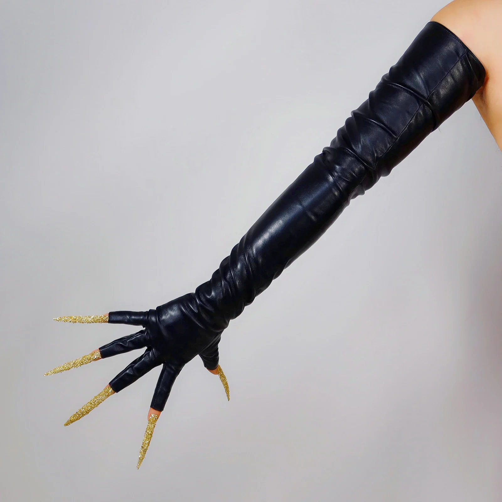 Zwarte VINGERLOZE LANGE HANDSCHOENEN Holle vingertoppen voor lange nagels Halve vinger Kunstleer Mode Kostuum Halloween Cosplay Handschoen