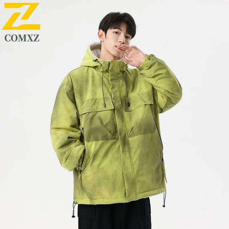 COMXZ Male Padding Jacket Casual Solid Color Outdoor Camping Warm Coat Fashion Hood Collar Streetwear Lightweight Winter Garment