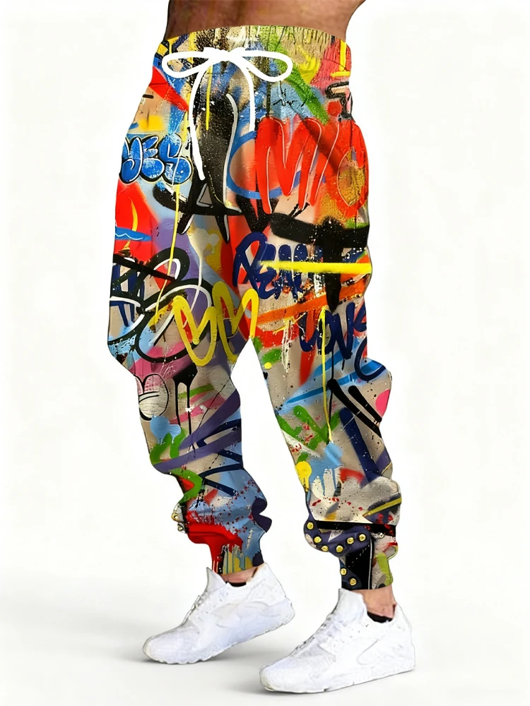 

New Men's 3D Graffiti Print Casual Pants Outdoor Breathable Athletic Pants Stylish Drawstring Streetwear Trousers Mens Cuffed Pa