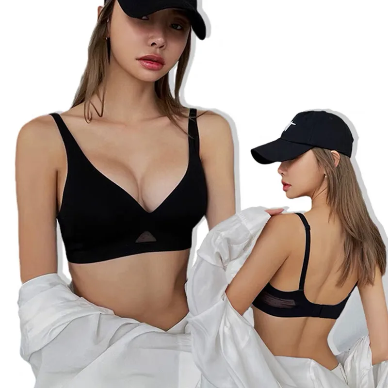 Push-Up-BHs mit V-Ausschnitt für Damen, Bügelloser BH, Nahtlose Unterwäsche, Unsichtbare gepolsterte Bralette, Atmungsaktive Mesh-Patchwork-Dessous S-XL – Detail 3