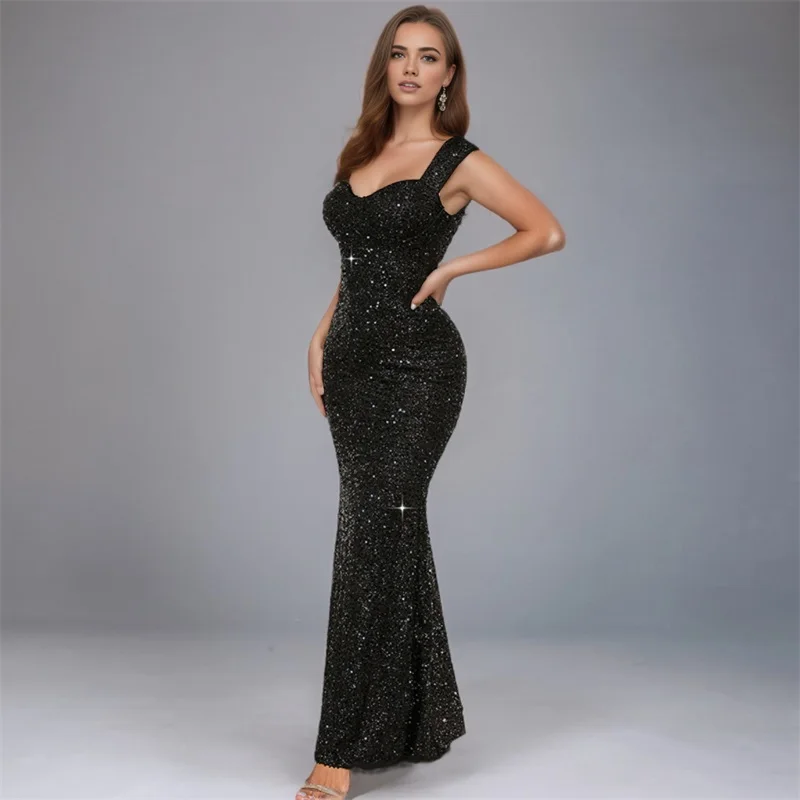 Vestido de noche Sexy con lentejuelas y espalda descubierta, vestido de fiesta de sirena negro brillante para mujer, fiesta de boda, Club, novedad de 2025, en Stock