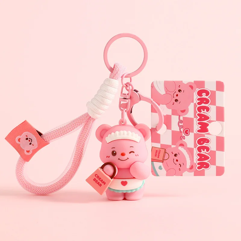 Cute Apricot Color White Gauze Angel Butter Bear Carry Handbag Keychain Hanging Pink Wearing Apron Winking Bear Doll Key Chain image 3