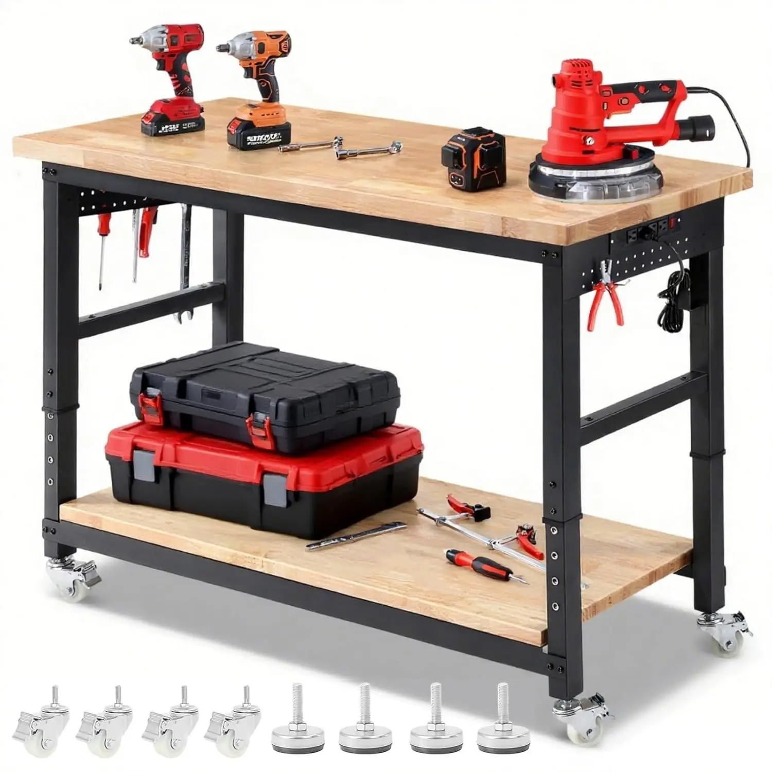 

Рабочий стол на колесах 60 x 22, усиленная столешница из каучукового дерева, регулируемая высота, для гаража, на заказ