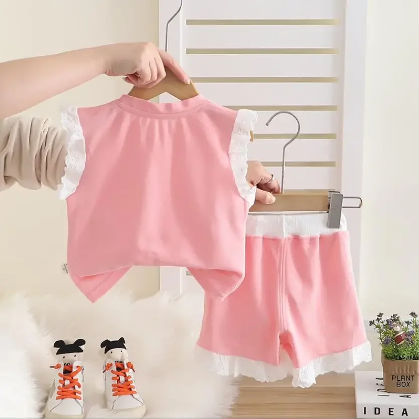 Baby Meisjes Zomer Sets 2025, Koreaanse Stijl Cartoon Bunny Kant Mouwloos Vest Tops En Shorts Baby Kleding Kids Bebe Trainingspakken
