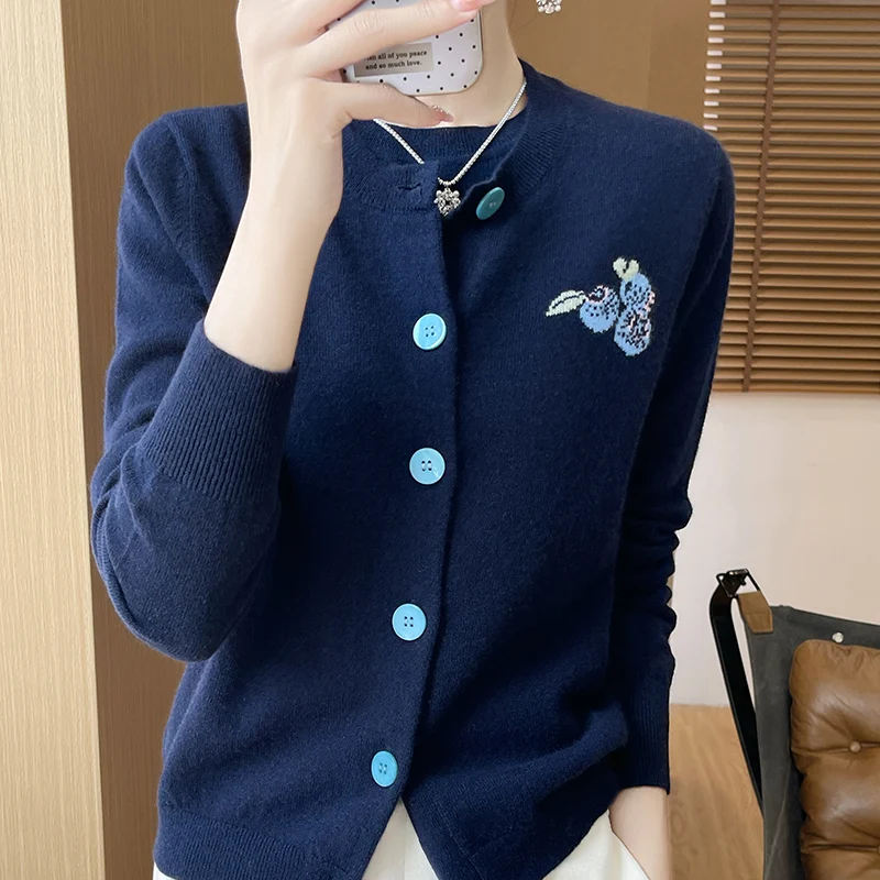 Female Sweater Autumn/Winter New 100% Wool Round Neck Knitted Cardigan Fashion Solid Color Tops Long Sleeve Women\'s Clothing