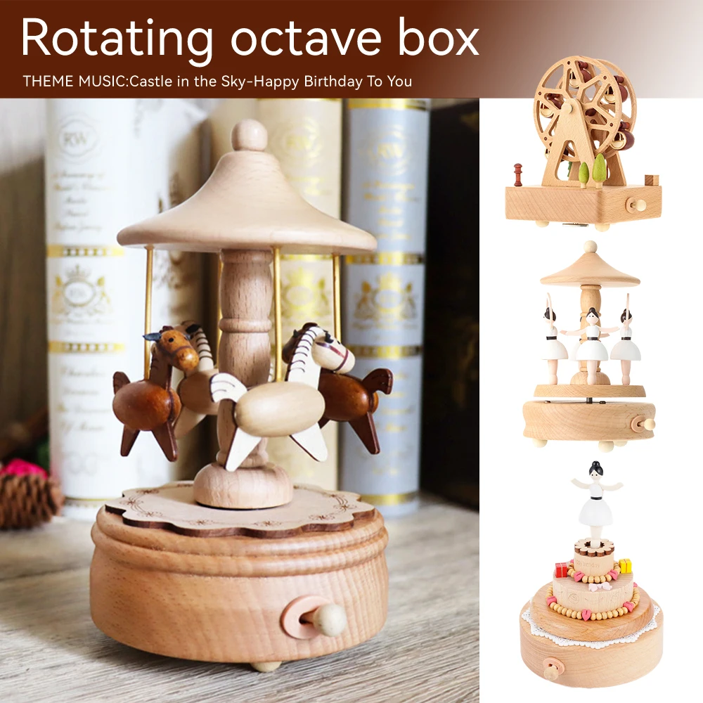 Wind Up Wooden Music Box Castle Carousel Musical Box Rotating Sound Box Craft Girlfriend Boyfriend Christmas Valentines Day Gift