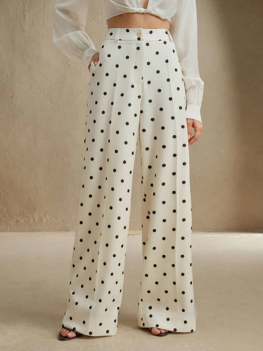 Fashion Vintage Summer Women Pants High Waist Polka Dot Loose Wide Leg Pants Casual Trousers Elegant Office Lady Women's Pants