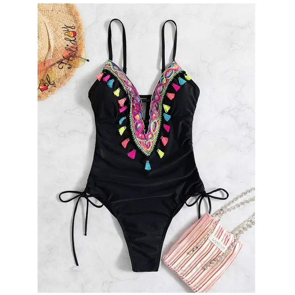 Cikini Summer Beach Tassel Decor Drawstring Side Ruched One Piece Swimsuit Summer Beach Swimwear Strój kąpielowy dla kobiet