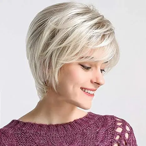 Shallow gold white gold gradient ladies' short synthetic wig slanted bangs layered bob, natural and easy-to-style full headpiece