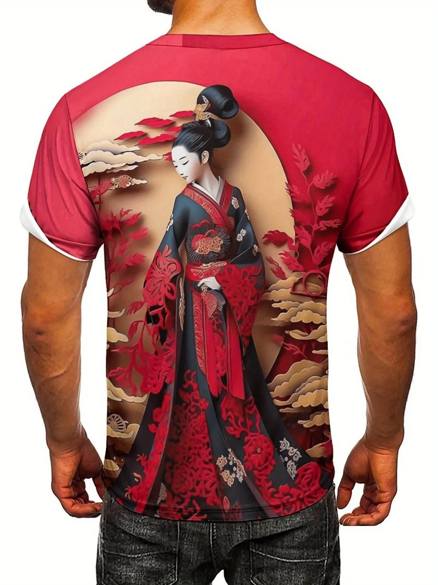 เสื้อยืดพิมพ์ลายศิลปะญี่ปุ่นอุคิโยะอี 3 มิติสำหรับผู้ชาย - ดีไซน์ผู้หญิงกิโมโนแบบดั้งเดิม, ผ้าโพลีเอสเตอร์ระบายอากาศได้, แขนสั้น