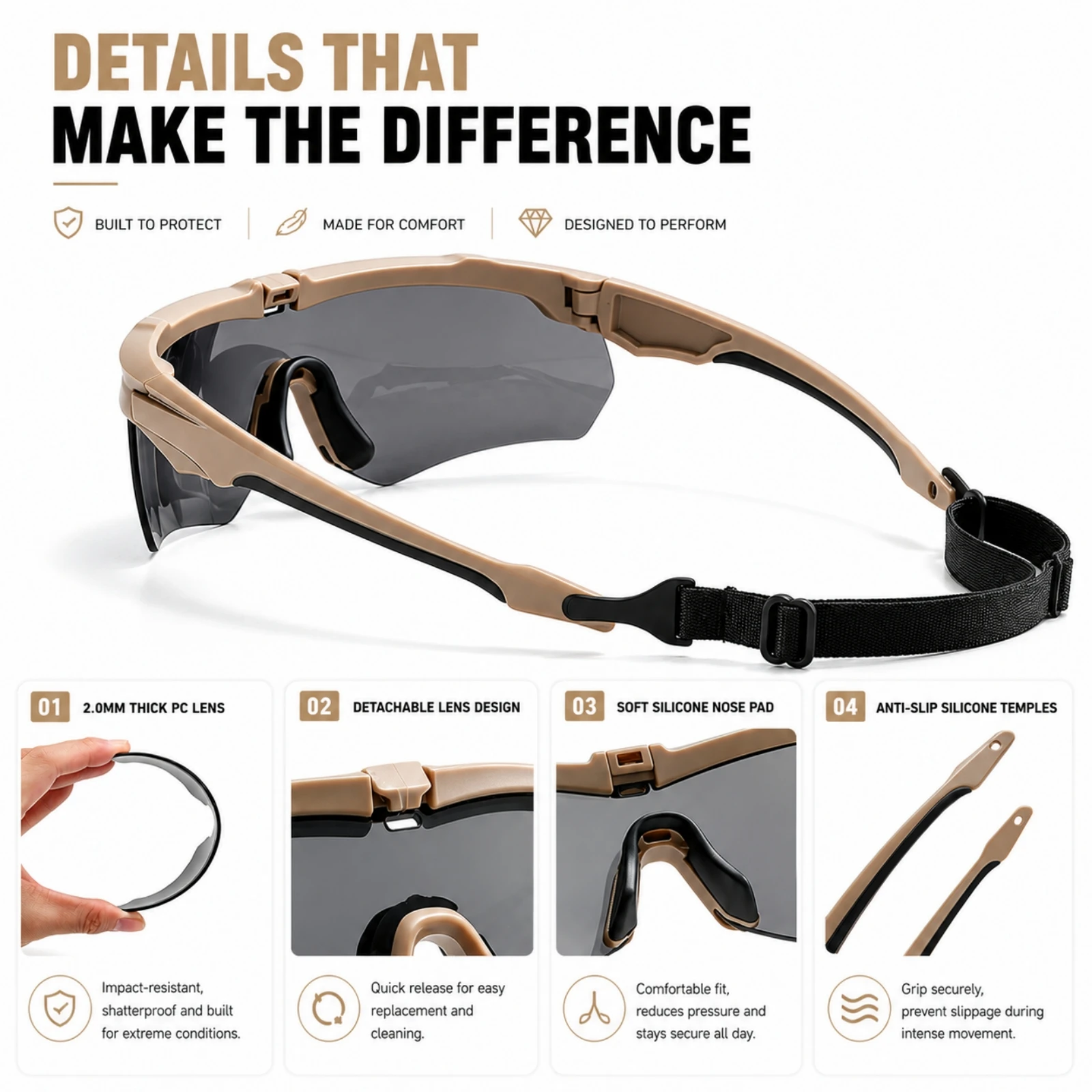 3-Linsen-Sport-Schutzbrille, UV400 Stoßfeste Winddichte Brille für Radfahren, Motorradfahren, Jagd & Outdoor-Sport – Detail 6