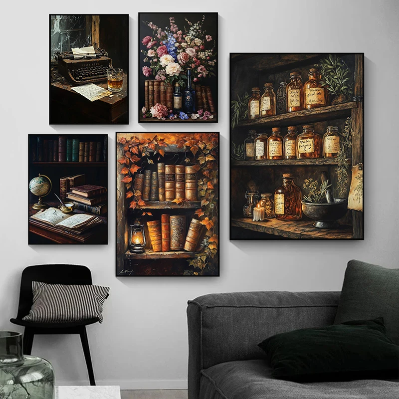 Renaissance Dark Pharmacist Books Bookshelf Plant Retro Poster Prints Canvas Painting Wall Art Picture Living Room Home Decor