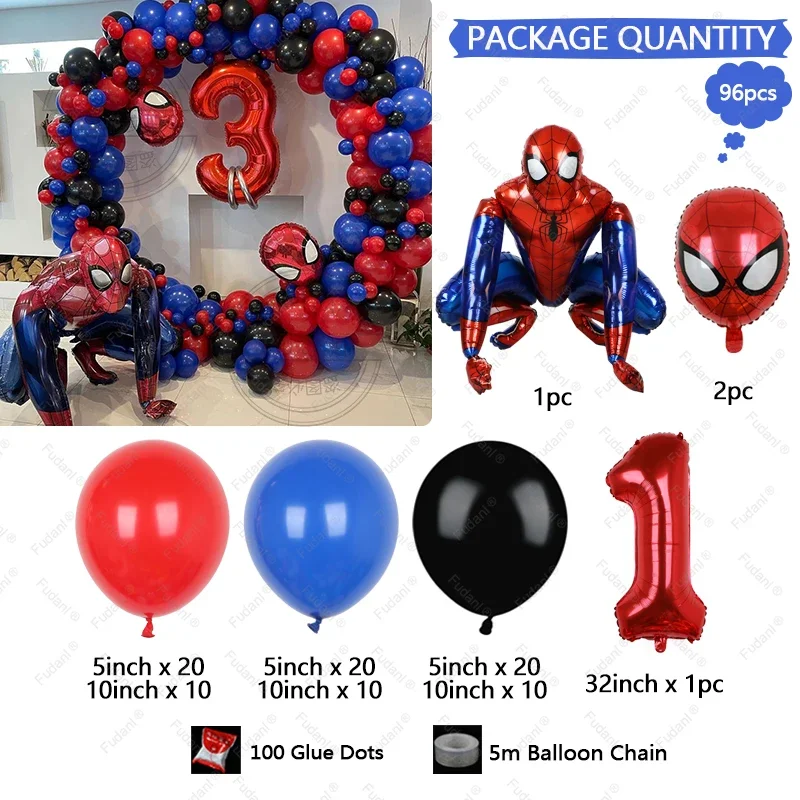 1set Kids Birthday Red Blue Balloons Garland Arch Kit For Party Decors Age 1-9 Spiderman 3D Marvel Foil Balloons Air Globos