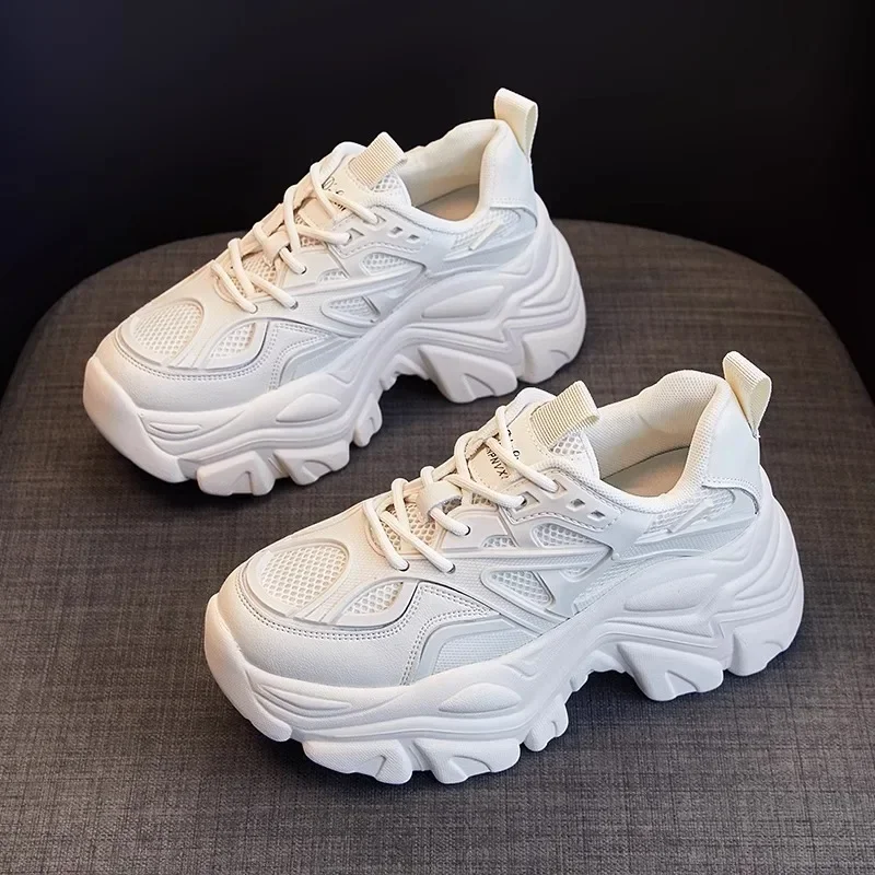 2025 New Women New Fashion Platform Sport Shoes Women Summer Black Casual Chunky Sneakers Women Mesh Leather Platform Shoes
