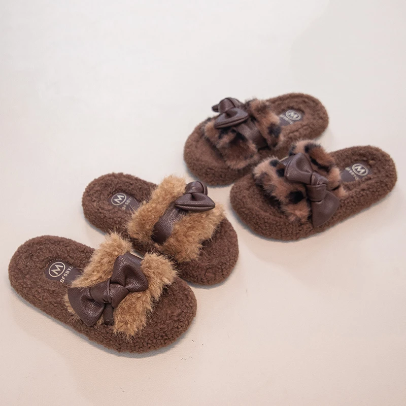 

Bow Cotton Mopping 2025 Winter New Round Head Open Toe Suede Platform Anti-slip Wear-resistant Flip-flops Children's Home Shoes
