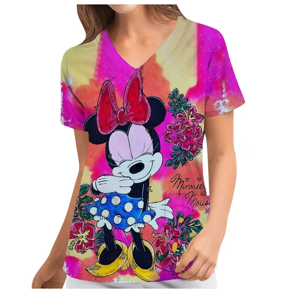 3D Disney Mickey Mouse Print Scrub Tops Women Short Sleeve V-neck Tops Nurse Uniform Cartoon Print Working Blouse Ladies uniform