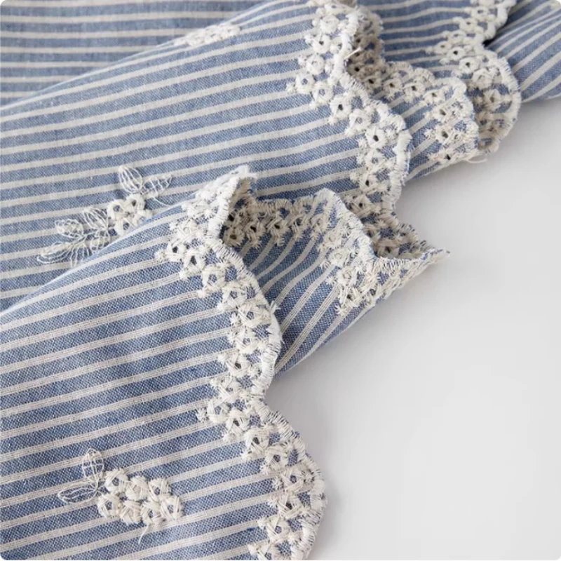 

Lightblue Embroidered Polyester Cotton Striped Cloth Fabric