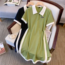 Women's Dress Polo Neck Button Short Sleeve Contrast Color Patchwork Bodycon Dress Slim Fit Sports Comfort Casual Summer