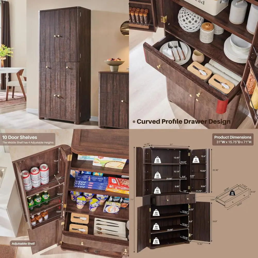 71인치 높이 주방 팬트리, 모던 곡선형 팬트리 수납장 (4개 도어, 6개 조절 가능 선반 포함), 주방용 찬장, 식탁용