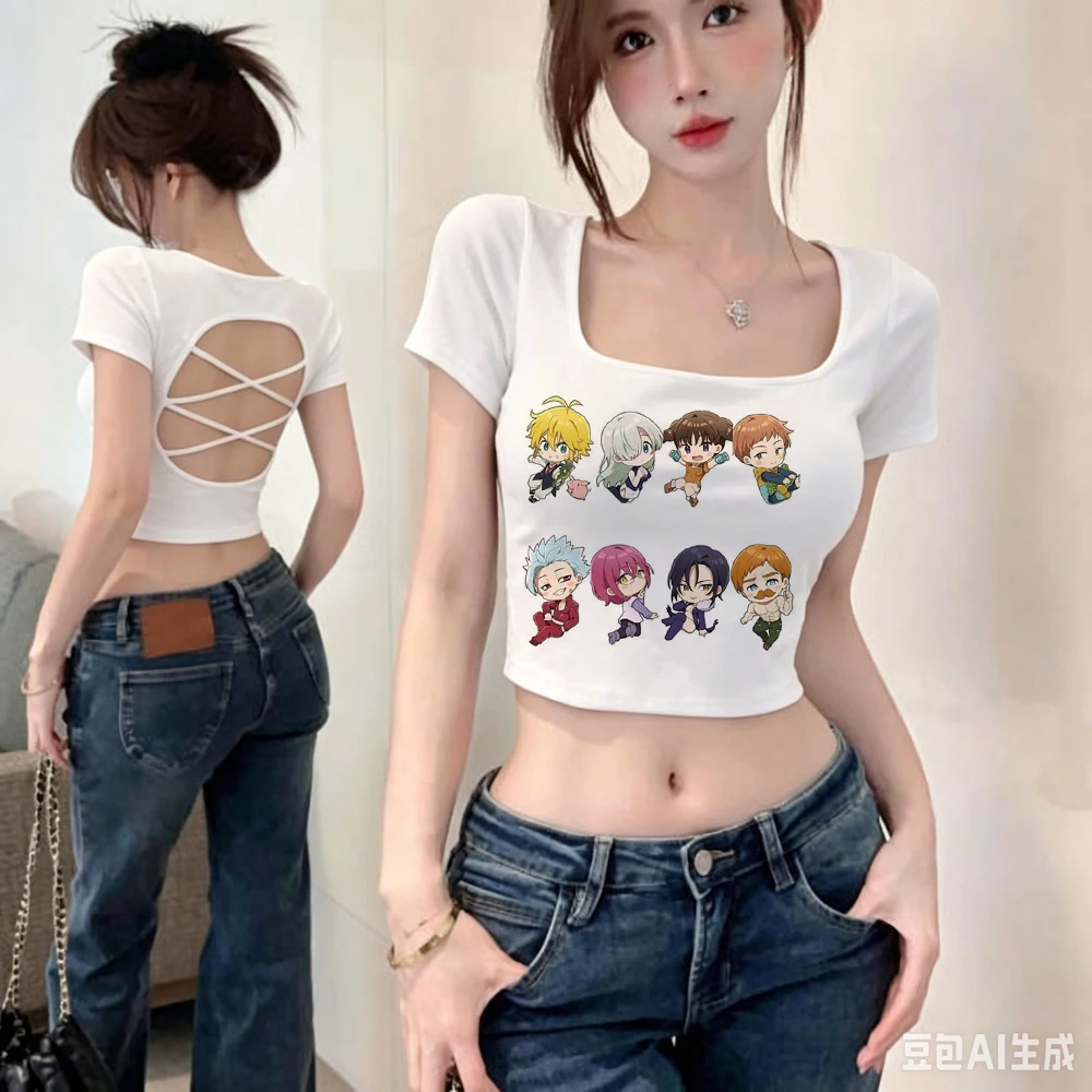 Seven Deadly Sins crop top girl alternative  japan 2000s tshirt summer jojifuku cheap goth party