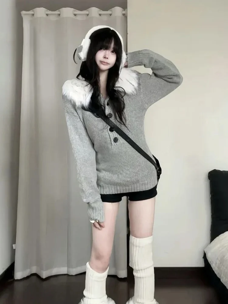 

Women Knitted Sweater Hooded Patchwork Furry Patchwork Autumn Fashion Y2k Pullover Stretch Button Female Jumper