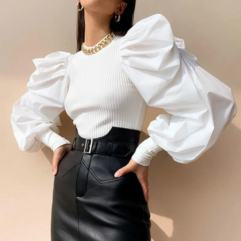 

2021 Retro Women Long Puff Sleeve Blouse Shirts Spring Fall Black White Solid Fashion Elegant Blouses and Tops Female Clothes