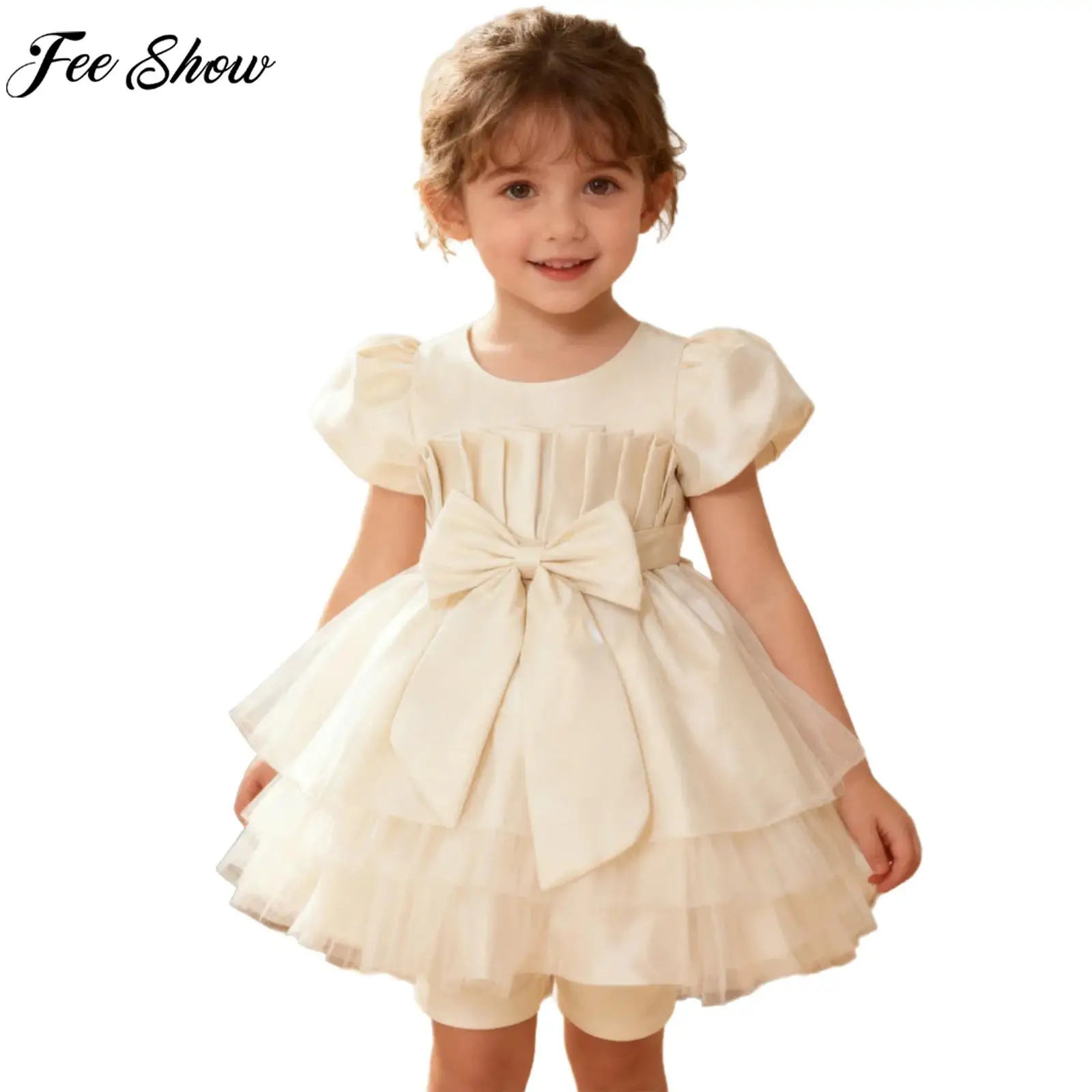 

Baby Elegant Princess Dress Kids Wedding Flower Girl Dresses Short Sleeve Zipper Mesh Tutu Ball Gown for Birthday Party Pageant