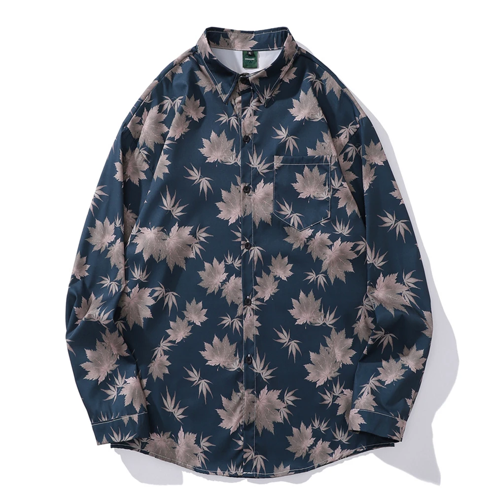 Full Printed Long Sleeved Shirts Men Button Up Casual Men's Shirt Autumn Man Blouse Dark Blue