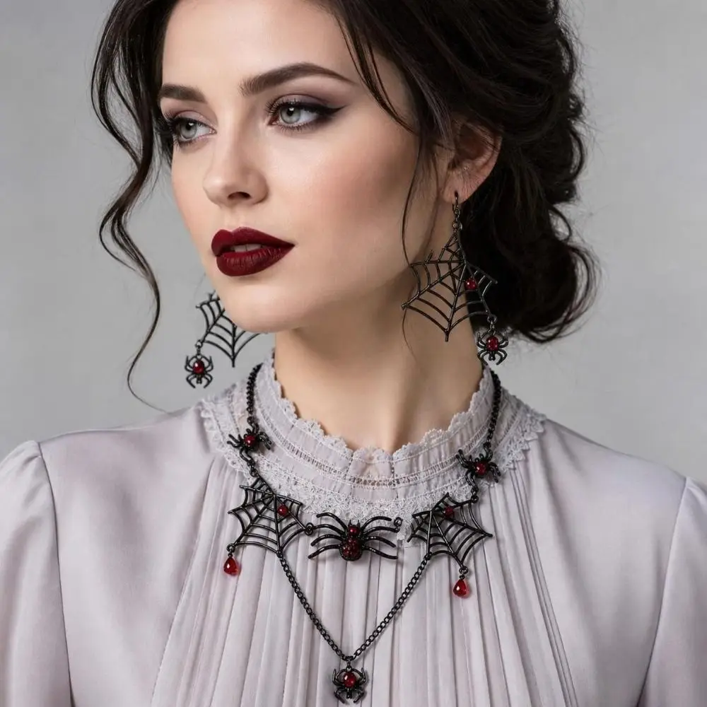New Rhinestone Halloween Spider Ornate Black-Toned Gothic Jewelry Set Eye-Catching Zinc Alloy Earring Set Cosplay