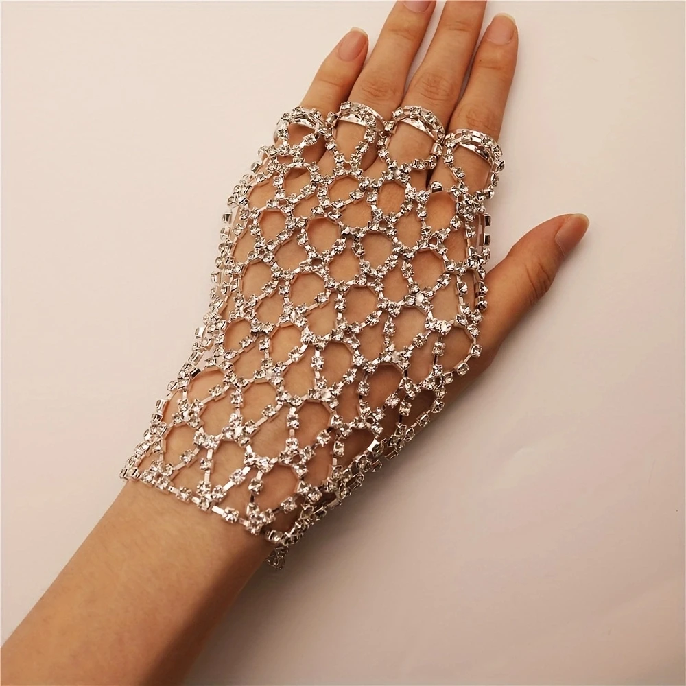 1pc Sexy Fashion Mesh Rhinestone Ring Bracelet Luxury Party Prom Shiny Crystal Bracelet Versatile Jewelry Women's Hand Jewelry