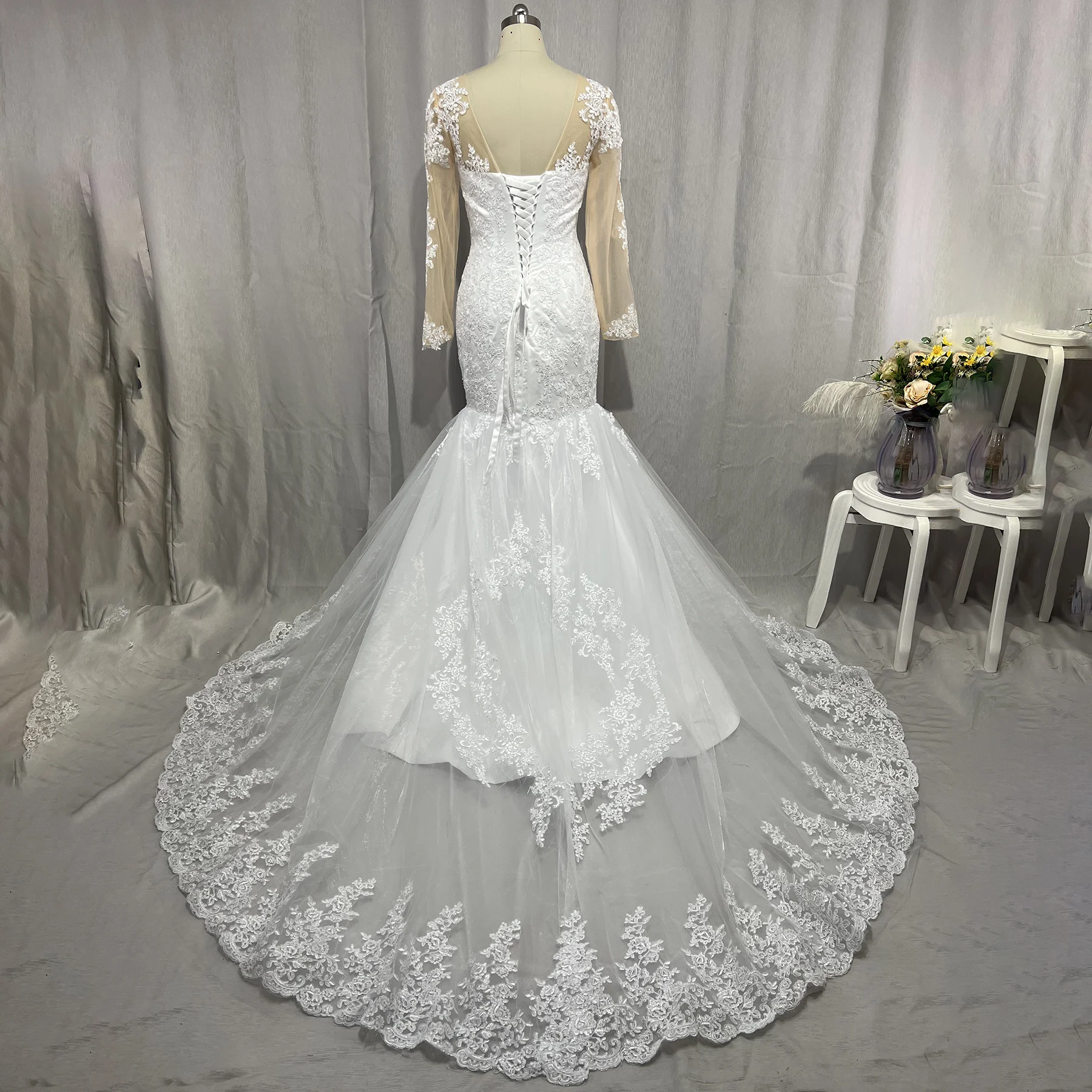 Sexy Illusion Mermaid Wedding Dresses Lace Appliques Long Sleeves Wedding Bride Gowns Plus Size Backless Vestidos De Novia