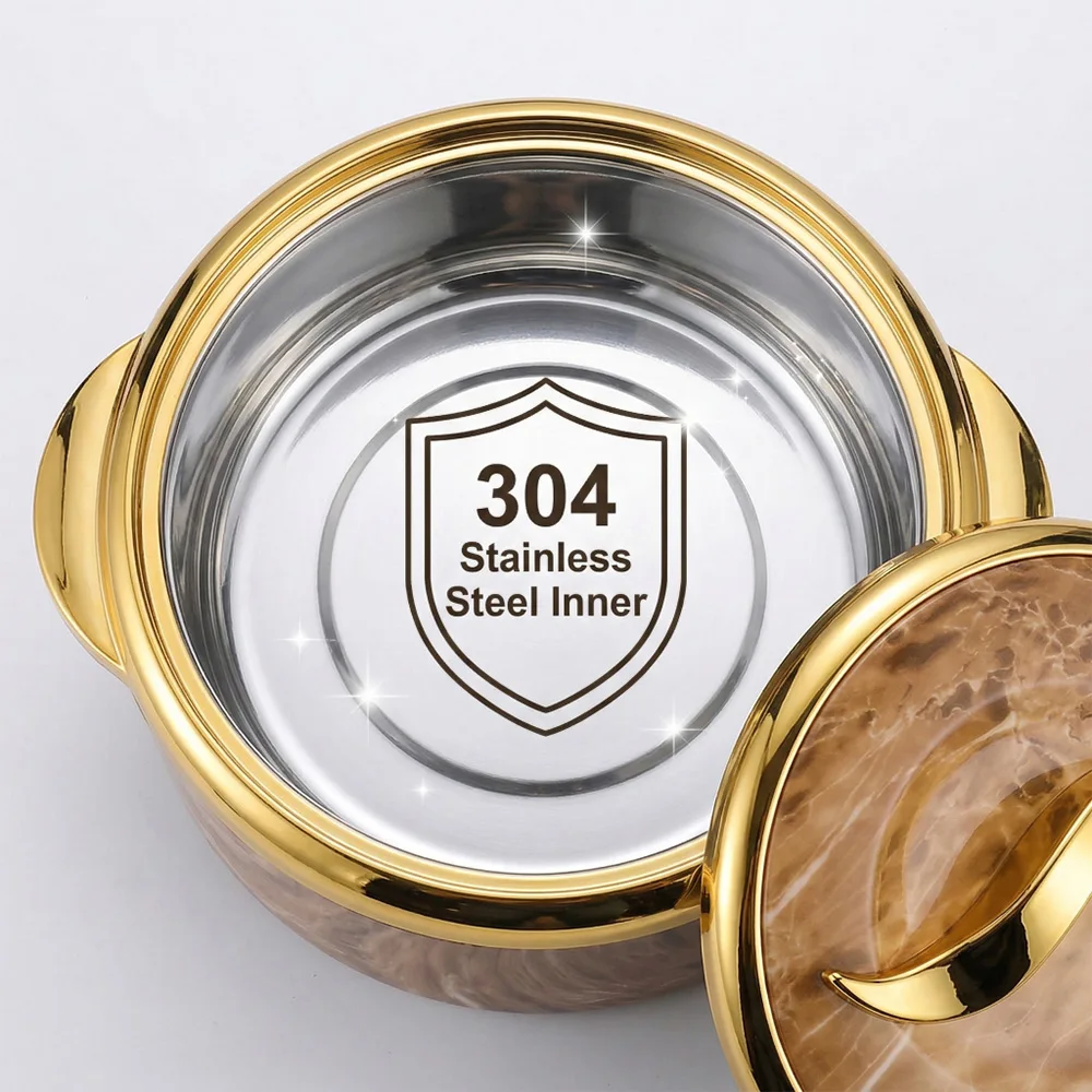 3Pcs Brown Marble Insulated Casserole Set Gold Plated Handles Double Wall Stainless Steel Thermal Food Container Keep Hot Cold 1.5L/2L/2.5L Food Warmer Bowl For Kitchen Daily Dinner Party Housewarming Gift For Hosts