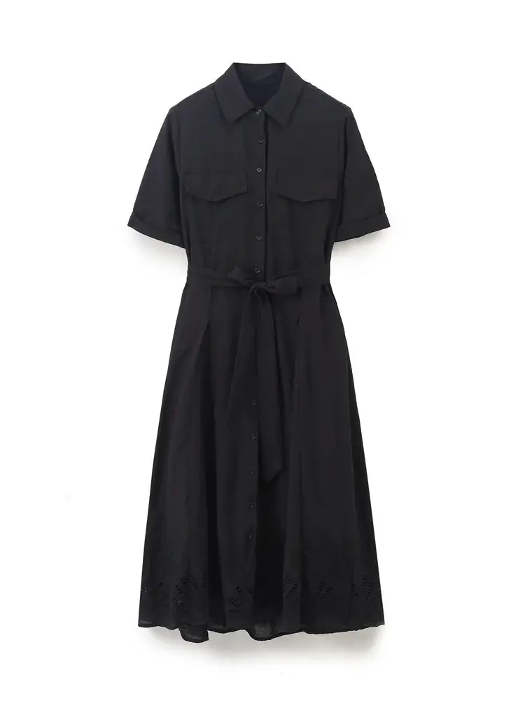 XNWMNZ 2024 Women Fashion Hollow out Embroidered Shirt Midi Dress Vintage Belt Lapel Short Sleeve Front Button Female Dresses