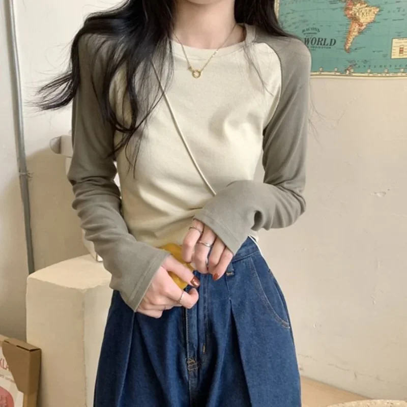 T-shirts Women Panelled Autumn Fashion Ulzzang Patchwork Slim Ins Popular Retro Inside Casual Streetwear Soft Harajuku All-match