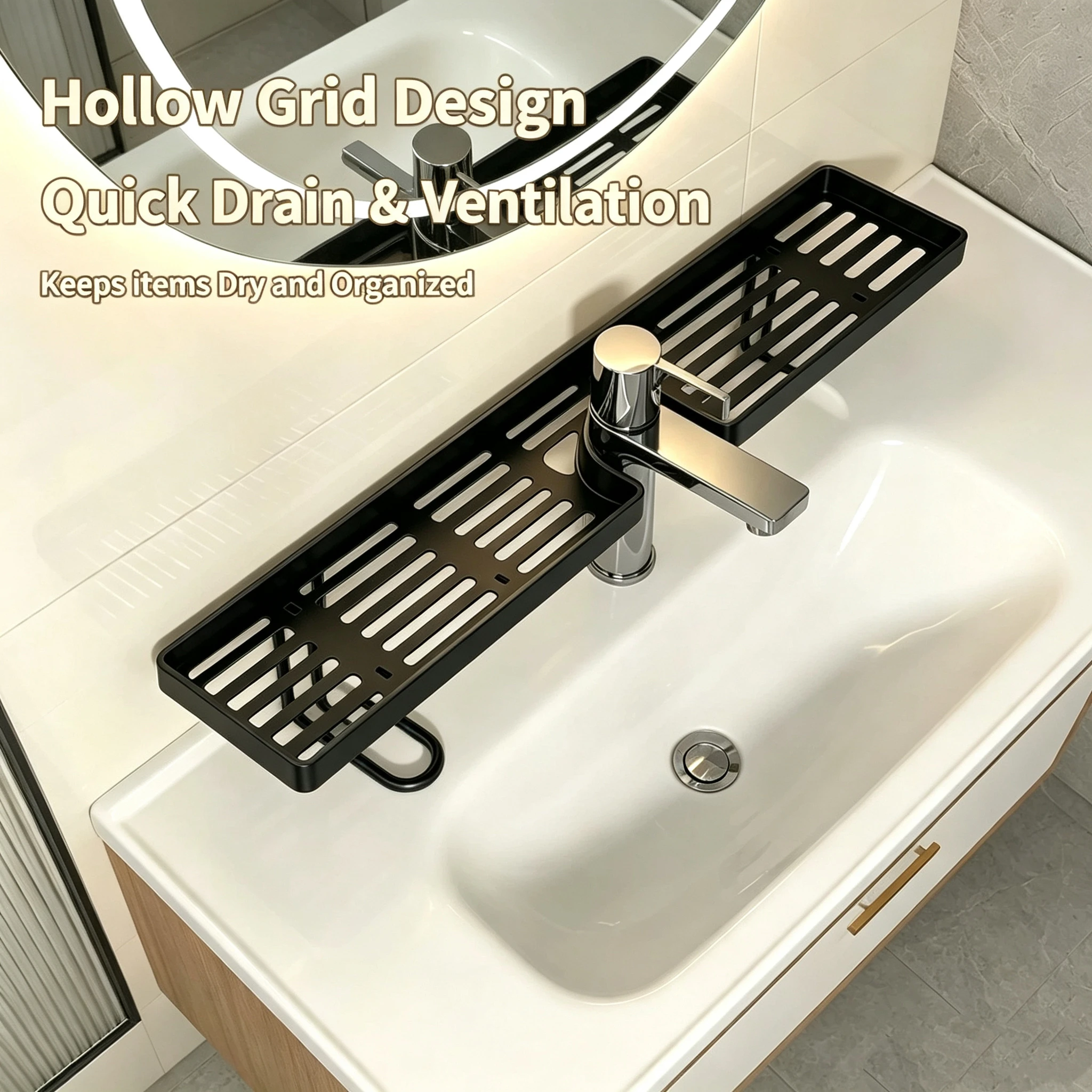 Punch-Free Wall Mounted Bathroom Mirror Front Storage Rack No Drill Sink Vanity Counter Organizer Shelf for Cosmetic Toiletries