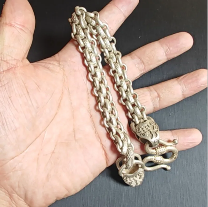 Antique Silver Plated Alloy Double Snake Head Bracelet Flat Link Chain Gothic Punk Unisex Wrist Jewelry