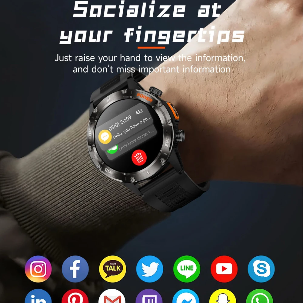 

Call Smartwatch Waterproof Health Monitor Outdoor LED Flashlight Smart Watch Men DIY Video Dial 100+ Sports Mode Voice Assistant