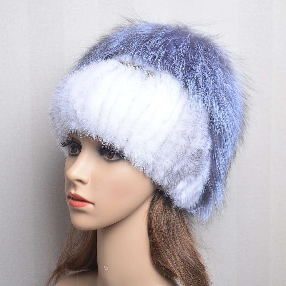 Women Winter Mink Fur Hats Knitted Real Mink Silver Fox Fur Caps Female Russian Warm Beanies Hat Women\'s Fur Hat