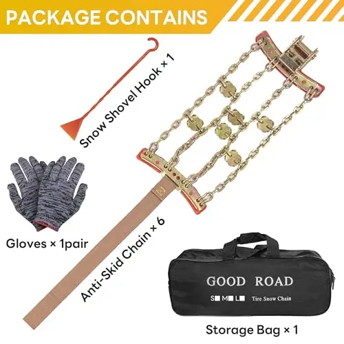 

Adjustable Anti-Slip Snow Chains For Car SUV Truck Tires 225-285mm Width With 6 Chains, Gloves, Hook And Carry Bag